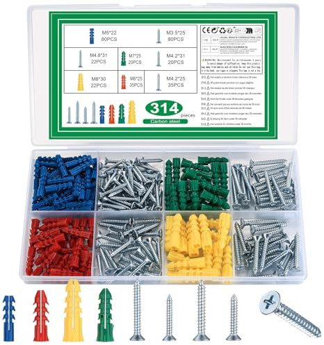 314 Stk Dübel Set mit Schrauben und Dübel Set, Betonschrauben mit Dübel Set, Schlagdübel mit Gipskarton Schrauben und Rigipsdübel Gipskartondübel für Beton,Ziegel,Trockenbau