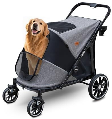 Quolliter Hundewagen bis 50kg für 2 Große Hunde mit 100% Cabrio-Dach | Einstieg von allen Seiten•3-seitige Belüftung•360°Gummiräder•Ein-Klick-Faltung•Geländetaugliche Räder