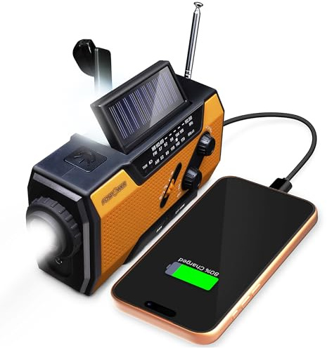 FosPower - Notfallradio NOAA/AM/FM mit 7400mWh (2000mAh) Tragbare Powerbank - Aufladung per USB/Solar/Handkurbel, Batteriebetrieben, SOS-Alarm & Taschenlampe für Notfälle drinnen und draußen