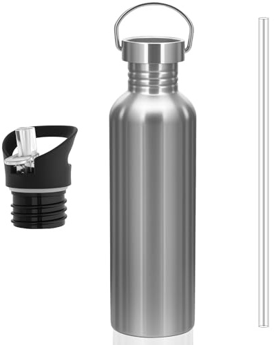 lompyeu Trinkflasche Edelstahl 1L - BPA-Frei Kohlensäure Geeignet, 2 Auswechselbare Kappen Sportflasche, Wiederverwendbare Wasserflasche für Kinder Schule Fitness Outdoor