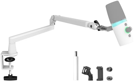 Prizmora Mikrofonarm Niedrigprofil mit 15 cm Verlängerung, Verstellbarer Mikrofonarm aus Metall, Kabelmanagement, Low Microphone Boom Arm für Podcast, Streaming, Gaming (Weiß)