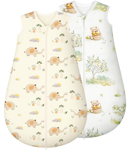 Yukkidds 2er Pack Schlafsack Baby 1.5 TOG, 100% Baumwolle Babyschlafsack Neugeborene im 0-6 Monate, Perfekte für Frühling Herbst Winter (Beiger Elefant)