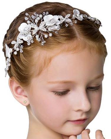 IYOU Prinzessin Weiße Blume Kopfschmuck Perlen Haarkleid Kristall Braut Hochzeit Haarschmuck Kommunion für Mädchen