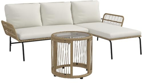 Outsunny 3-TLG. Rattan Gartenmöbel-Set, Gartengarnitur mit Liegestuhl, Couchtisch, Zweisitzer, Gartenset mit Sitzkissen, Balkonmöbel-Set für Garten, Terrasse, Creme