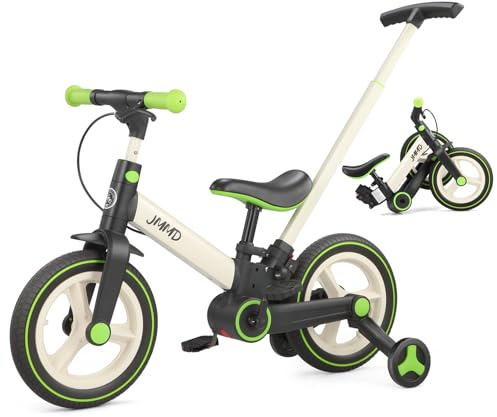 JMMD 6-in-1 Kinderfahrrad mit Stützrädern und Pedalen, Alter 18 Monate-5 Jahre, 12 Zoll Konvertierbares und Faltbares Laufrad & Fahrrad mit Verstellbarem Elternschiebegriff, Ständer, Bremsen