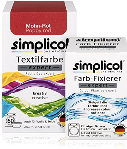 simplicol Textilfarbe expert + Farbfixierer Kombipack, Mohn-Rot 1703: Farbe für Waschmaschine oder manuelles Färben