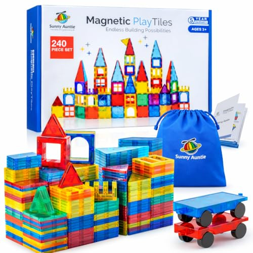 Sunny Auntie Magnetische Fliesen, 240 Stück + Bonus Reißverschlusstasche, magnetische Fliesen für Kinder, Spielzeug für 3, 4, 5, 6, 7, 8 Jahre alte Jungen und Mädchen
