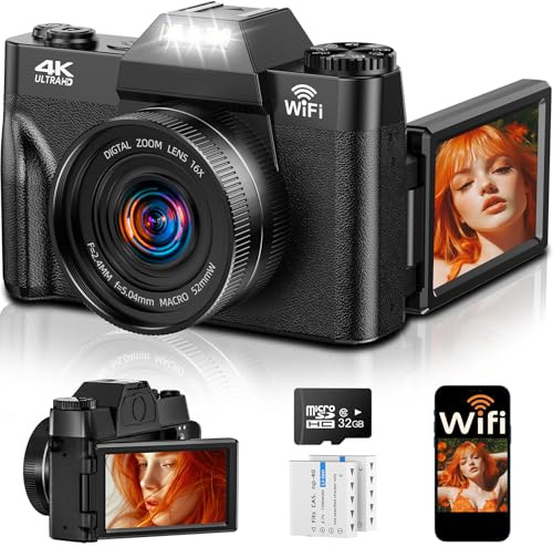4K Digitalkamera mit WLAN & 180° Flip 3.0 Bildschirm, Autofokus Vlogging Fotoapparat mit 2X 1500mAh Batterien, 32GB Speicherkarte, Kompaktkamera für Erwachsene, Senioren & Anfänger