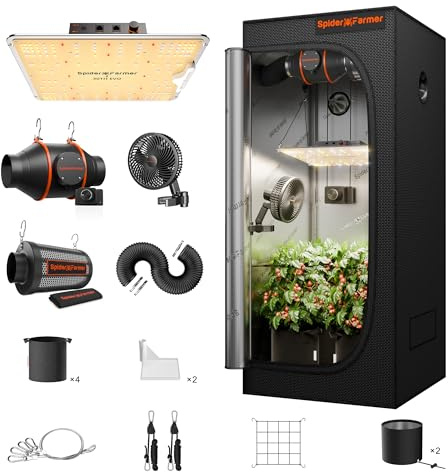 Spider Farmer Growzelt Komplettset SF1000 Grow Light Dimmbarer LED Grow Lampe Vollspektrum Samsung LM301H EVO Diodes GrowZelt Kit Komplettes 70x70x160cm Hydroponics Growing Tent Set Belüftungssystem