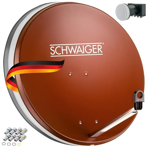SCHWAIGER Satellitenschüssel Komplettset, Ø 80 cm Stahl Offset Antenne, Rot | Inkl. sonnengeschütztes Quad LNB 4-Fach, Digital HD & 4K Empfang, Integrierte Kabelführung & wetterfest