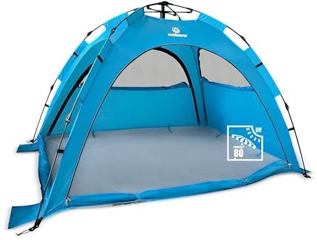 outdoorer Sun Snapper Air - UV 80 Quick-up-Strandmuschel mit 4 Türen und 3 Fenster, Schnellaufbau BZW. Automatik-Strandzelt, verschließbar, mit UV-Schutz 80, Sichtschutz und Insektenschutz