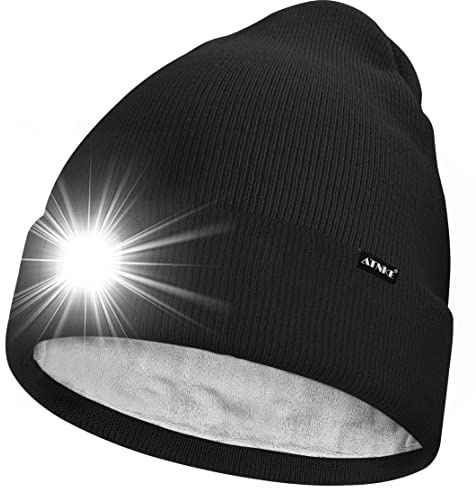 ATNKE LED Mütze mit Licht,Wiederaufladbare USB 4 LED Beleuchtete Laufmütze Extrem Heller Lampe Winter Warme Gefüttertes Fleece Stricken Mütze für Herren und Damen Geschenke