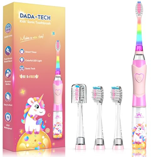 Elektrische Zahnbürste Kinder, Kinderzahnbürste Elektrisch ab 3-6-8-12 Jahre mit buntem Regenbogen-LED-Licht Integrierter Timer 90% abgerundeten Borsten Schallzahnbürste für Kleinkind (Einhorn Rosa)