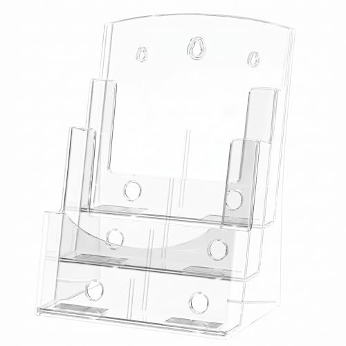 3-stufiger A4-Prospekthalter, Acryl-Prospektständer, transparent, 1 Stück | Glasklarer Broschürenhalter mit 3 A4-Fächern, Hochformat, für Tisch oder Wand, Büro, Hotel, Empfang und Speisekarten