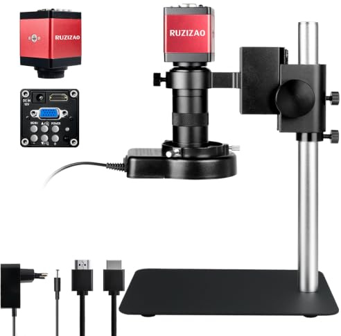 RUZIZAO Digital Mikroskop, 13MP 1080P Industrie Mikroskop mit Metallfuß, HDMI/VGA, 130X HD Objektiv, 56 Einstellbare Ringlichter, Schweißen Elektronik Reparatur Microscope für Erwachsene