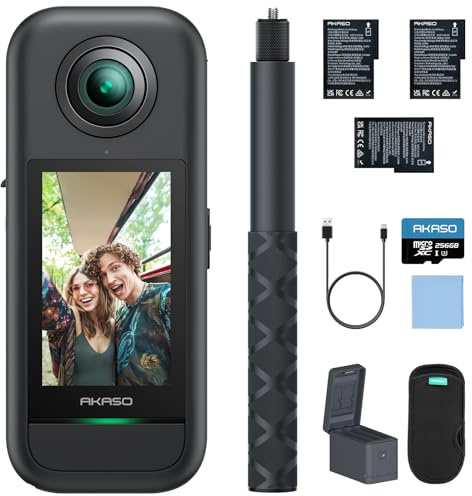 AKASO 360° Action Cam Creator-Set - 5.7K 72MP 360 Grad Actionkamera mit 256GB Speicherkarte Duale 1/2 48MP Sensoren, 2.29'' Touchscreen, Unsichtbarer Selfie Stick, 360° Horizon Lock und AI-Verfolgung
