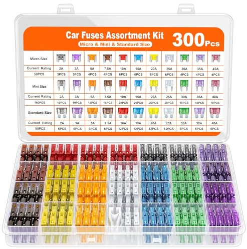 Puasok 300 Stück Kfz Sicherungen Set, Auto Sicherungen 2A 3A 5A 7,5A 10A 15A 20A 25A 30A 35A 40A, Micro Mini Standard Größe, Flachsicherungen Kfz mit Box für PKW LKW Wohnmobil Motorrad