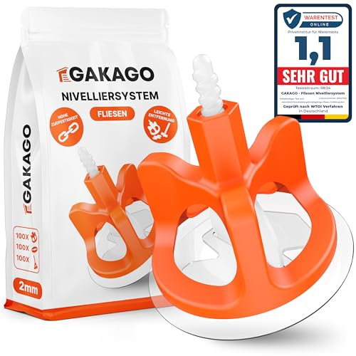 Gakago Fliesen Nivelliersystem 300-tlg. Set 2mm - Verlegehilfe für ein perfektes Fugenbild - Überlegene Reichweite für Fliesenstärken 3-18mm - Fliesenschutz durch Schon-Unterlegscheiben