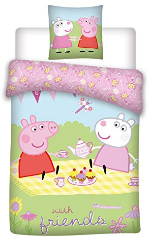 035 Peppa Pig Bettwäsche, Kinderbettwäsche/Babybettwäsche, Peppa Pig with Friends, Kissenbezug 40x60+Bettbezug 100x135cm, 100% Baumwolle Oeko-TEX