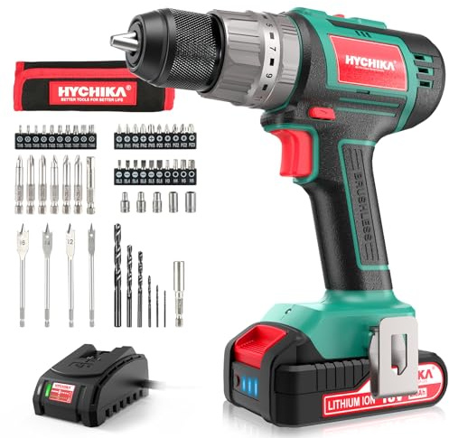 HYCHIKA Akkuschrauber 60Nm Max, 18V Bohrschrauber Bürstloser mit 2.0Ah Akku & 53pcs Zubehöre Set, 2 Gänge, 21+3 Drehmomentstufen, Bohrsmaschine mit Hammerfunktion