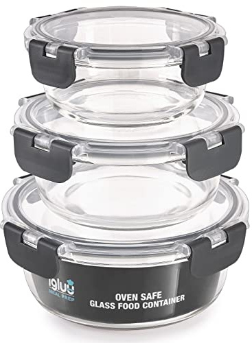 Igluu Meal Prep Boxen Glas, rund (3er-Pack) – 400/650/950ml | BPA-frei – geeignet für Ofen, Heißluftfritteuse, Mikrowelle, Gefrierfach und Spülmaschine – auslaufsicher – Borosilikatglas