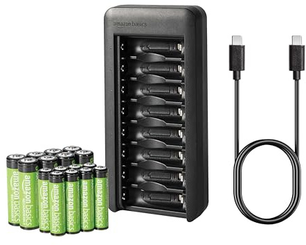 Amazon Basics Batterieset, wiederaufladbar, aus 8 x AAA-Batterie,NiMh,800 mAh,+8 x AA-Batterie, 2000 mAh, mit Batterieladegerät mit Platz für 8 Batterien, ohne AC-Netzadapter,USB-C-Anschluss, Schwarz