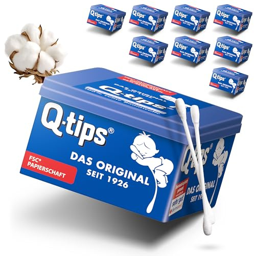 Q-tips Pflege-Wattest??bchen mit Papierschaft, W??rfelbox, Vorteilspack (9x 206 St??ck), 100% biologisch abbaubar, Baumwolle ohne Plastik, Reinigung der Ohren, Abschminken und Korrektur von Makeup