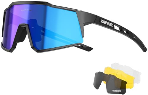 KAPVOE Fahrradbrille 4 Wechselgläser UV400 TR90 Herren Damen K9022 | 4 Gläser: Rote PC-Taglinse, Schwarz polarisiert, Klar Nacht, Gelb wenig Licht; UV400, ca. 34g TR90