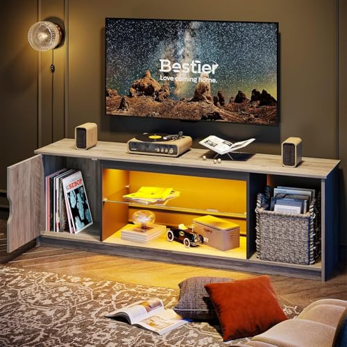 Bestier TV-Schrank 145x35x52 cm für Fernseher bis 65 Zoll mit RGB LED-Beleuchtung & verstellbaren Glasböden - Lowboard für Wohnzimmer, Schlafzimmer (Grau)