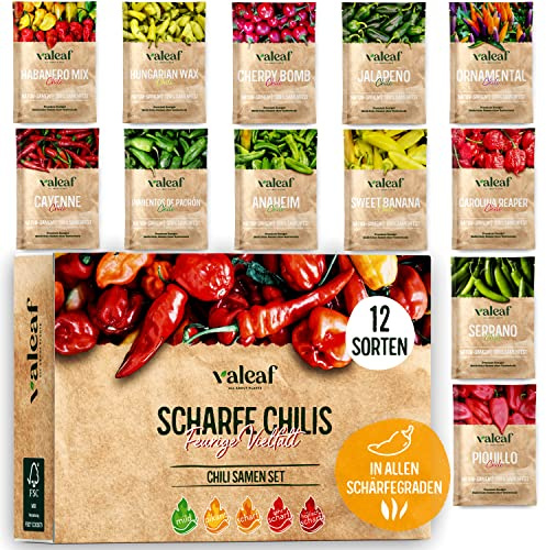 valeaf Chili Samen Set mit 12 Chili Sorten in höchster Qualität zur einfachen Anzucht von Chilis von mild bis scharf