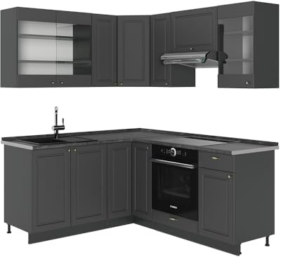 Vicco Eckküche Fame-Line, Anthrazit-Gold Landhaus, 190 x 46 cm ohne Arbeitsplatte, zur individuellen Erweiterung mit zusätzlichen Modulen geeignet