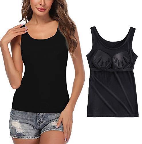 Damen-Träger-Oberteil mit integriertem BH, breiter Riemen, ärmelloses Westentop, gepolstertes Unterhemd für tägliche Freizeitkleidung Gr. Large, Schwarz