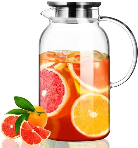 PARACITY Wasserkrug mit Silikonboden, 1,8 Liter Fassungsvermögen, hitze- und kältebeständige Glaskanne mit Deckel und Griff, Glaskaraffe mit Deckel für Kaffee, Saft, Limonade und Milch