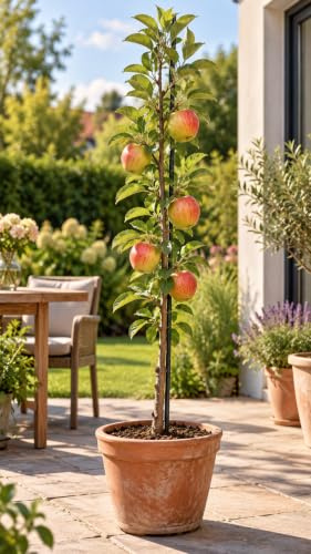 Herbstapfel 'Braeburn' Säulenobst ca. 60 cm – Malus domestica – kompakt, ertragreich, süß-säuerlich, ideal für Balkon, Terrasse & Garten, pflegeleichtes Obstgehölz im Topf