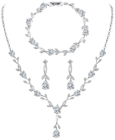 EPVOA Hochzeit Schmuckset Sterling Silber 925 für Damen, Halskette Armband Ohrringe in Form eines Blattes mit Zirkonia, Liebes Geschenk Brautschmuck Hochzeit für Braut Brautjungfer