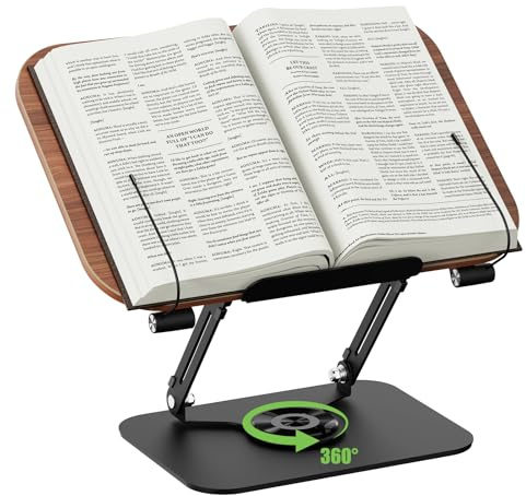 Buchhalter Leseständer, Holzbuchständer zum Lesen, 360° drehbarer Kochbuchständer mit Seitenklemmen für Küche, Schule, Büro, Notenblätter, Kindle, Tablet, Bibel