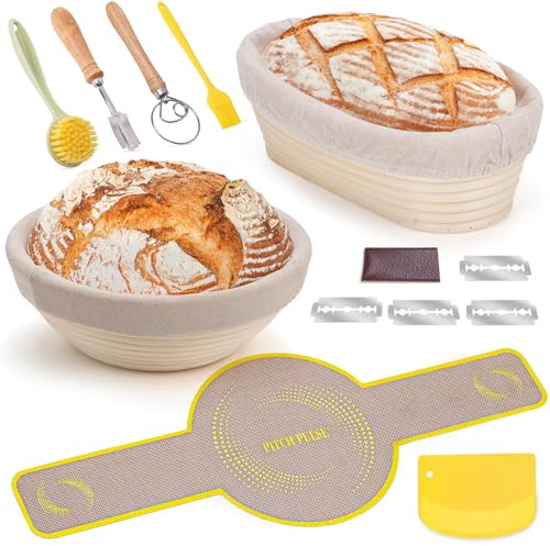 Gärkorb Set, PITCH PULSE Brot Gärkörbchen aus Naturrattan zum Brot backen, 23cm rund & 25cm oval, Brotkörbchen mit Sauerteigbrotback-Werkzeugsatz