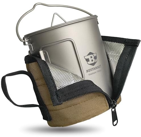 Bestargot 750ml Titan Becher & Tasse, Ultraleichtes Camping Topf Geschirr Set, Faltbarer Outdoor-Topf mit Isolierbeutel für Trekking, Wandern, Solo-Camping & Bushcraft
