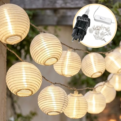CozyHome Lampions Lichterkette Batterie - 20 Lampion LEDs & 7 Meter mit 8 Modi & Timer | Warm-weiß Outdoor-Lichterkette Außen Aussen I Balkon Lichterkette Lampions außen Wetterfest Balkondeko No Solar