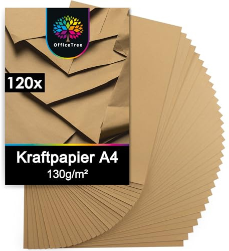 OfficeTree 120x Kraftpapier A4 130g - Craftpapier A4 - Kartonpapier zum Basteln Hochzeit Einladungen, Menükarten - Braunes Papier - Kartonpapier - Craft Papier zum Drucken und Schreiben