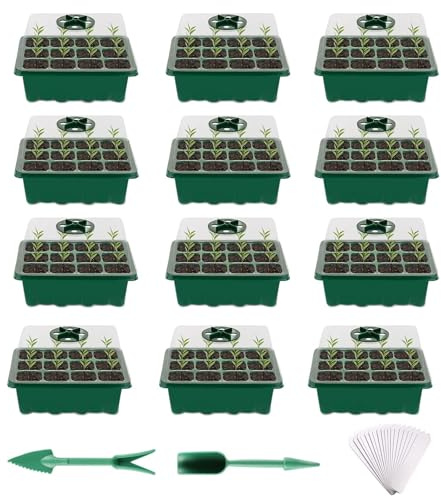 Fuuner Anzuchtkasten Set mit Deckel, 12 Stück 144 Zellen Mini-Gewächshaus | Verdicktes PET, verstellbare Belüftung, Drainagelöcher, Anzuchtzubehör enthalten. Für Sämlinge, Kräuter, Gemüse & Blumen
