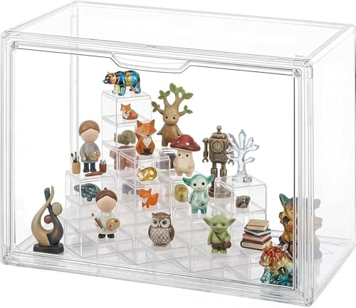 GUDEMAY Transparente Stapelbare Acryl Vitrine mit Magnettür & Stufenpodest, Staubdichter Setzkasten, Displaybox Aufbewahrung für Action- & Minifiguren, Klemmbausteine, Sammlerstücke & Blind Boxes