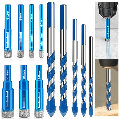 12 Stück Fliesenbohrer Steinbohrer Set,7 Stück Diamantbohrer Glasbohrer 5/6/8/10/12/14/16mm und 5 Stück 6/8/10/12mm Dreiecksbohrer Set für Granit,Glas,Fliesen,Stahl,Beton