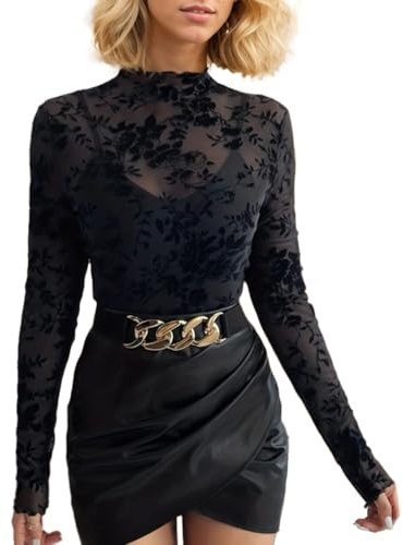 EMOTTOS Damen Netzshirt Mesh Top, Langarm Netz Oberteil Durchsichtiges Crop Top Frauen Y2K mit Blumenmuster, Durchsichtige Schmale Passform Top für Damen, Schwarz, S
