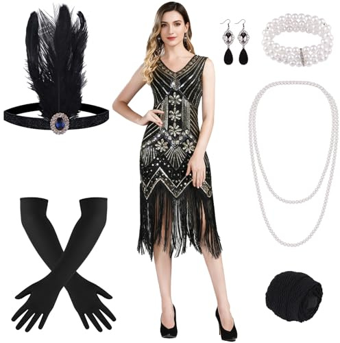 FEPITO Flapper-Kleider im Stil der 1920er Jahre für Damen, mit Fransen und Pailletten besetztes Great Gatsby-Kleid für Damen mit Accessoires im Stil der 20er Jahre(Black and Gold（Style 2）, Medium)