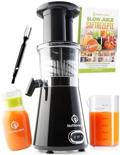 Nutrilovers Entsafter Slow Juicer NUTRI-PRESS Obst & Gemüse Entsafter - BPA-frei, 350 Watt, Sehr Leise, Ideal für Einsteiger Inkl. To Go Slow Juice Trinkflasche + Rezepte App