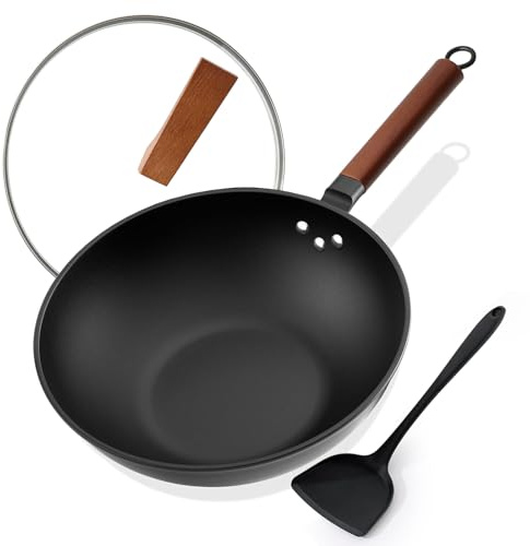 Kordisen Wok Antihaft 33 cm/5,6 L mit Deckel, keine chemische Beschichtung, vorgewürzter Wok, geeignet für Induktion/Elektro/Gas
