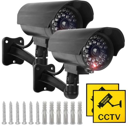 Sporgo Kamera Attrappe 2 Stück: Dummy Überwachungskamera Außen mit LED Licht Rot Blinkender, Atrappe Überwachungskamera Fake Kamera Sicherheitskamera für Innen und Außenbereich (Silber)