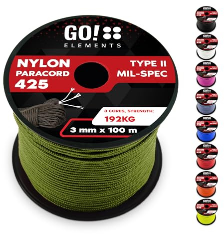 GO!elements Paracord Seil aus reißfestem Nylon - 3mm Paracord 425 Typ II max. 192kg - Schnüre als Outdoor Seil, Allzweckseil, Survival Seil, Armband, Hundeleine, Nylonschnur