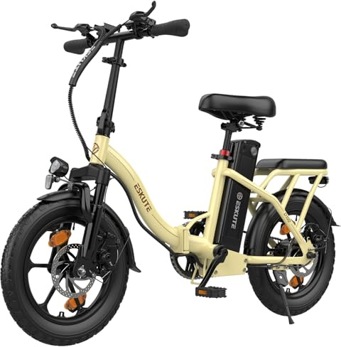 ESKUTE D100 E-Bike Klapprad 16 x 2,5 Zoll, Elektrofahrrad für Herren Damen, Fatbike mit Abnehmbarem 36V 13Ah Akku, Lange Reichweite bis 100 km, Faltbares Pedelec für Erwachsene, Hellgelb
